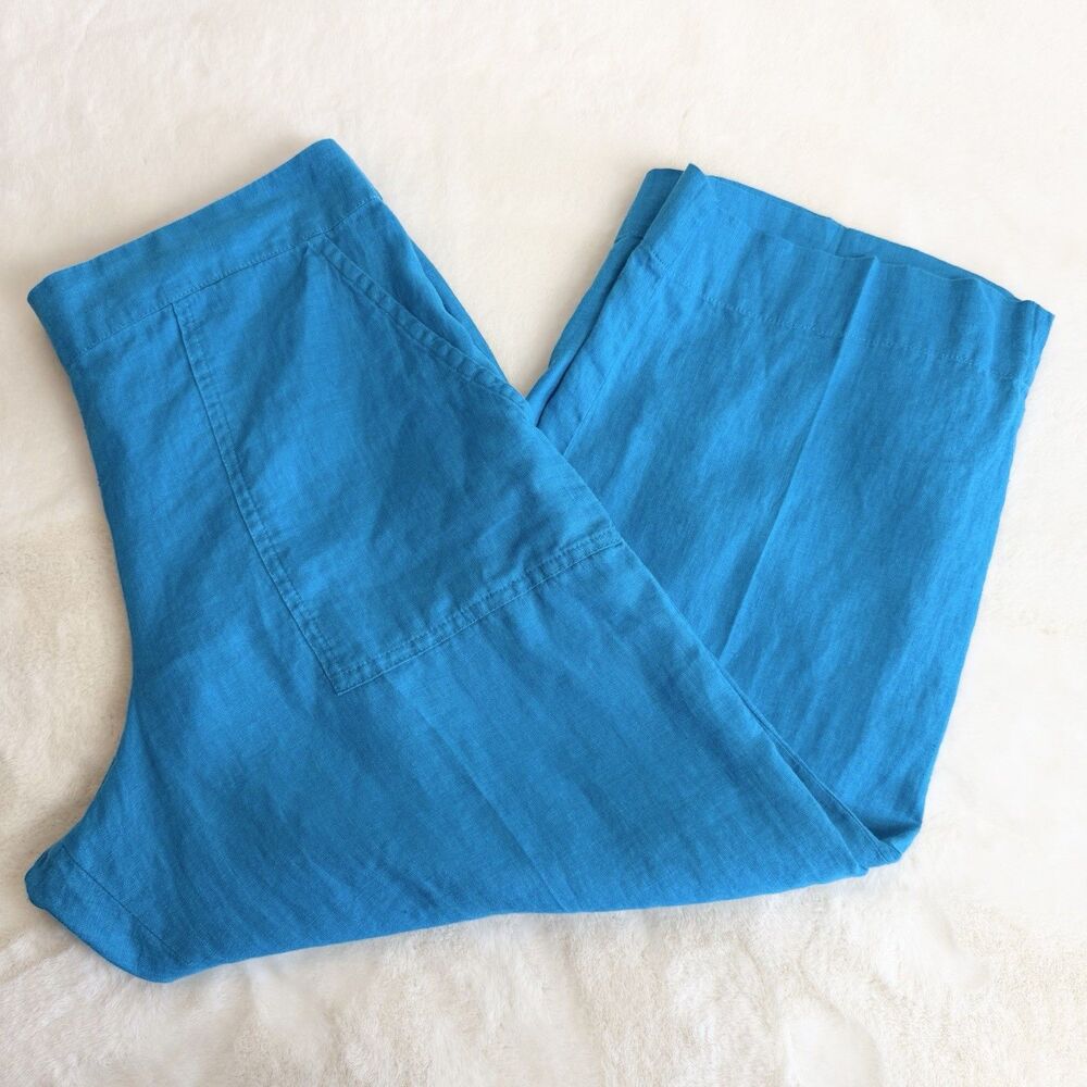 Flax 100% Linen Wide Leg Cropped Pants Teal Blue Pull On Women’s S Beach